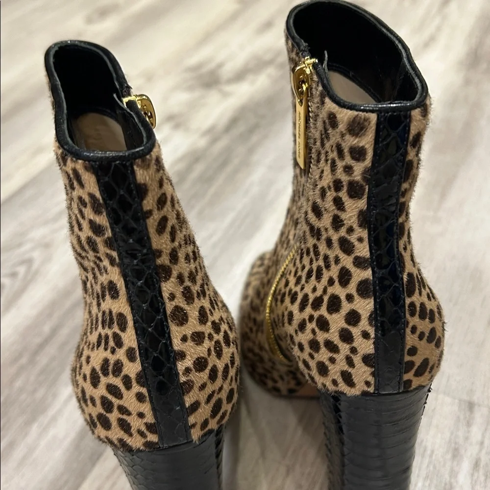Michael Kors Leopard Calf Hair Embossed Leather Gold Zip Chunky Heel Ankle Boots